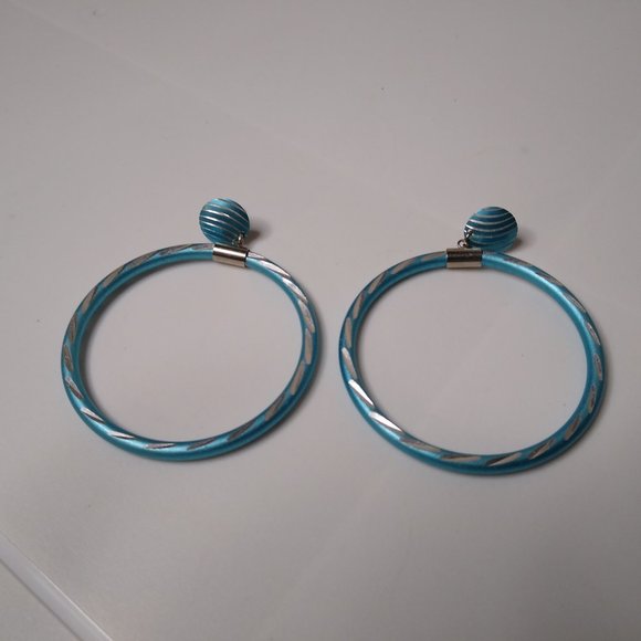Blue Metal Large Dangle Hoop Earrings - Picture 3 of 13